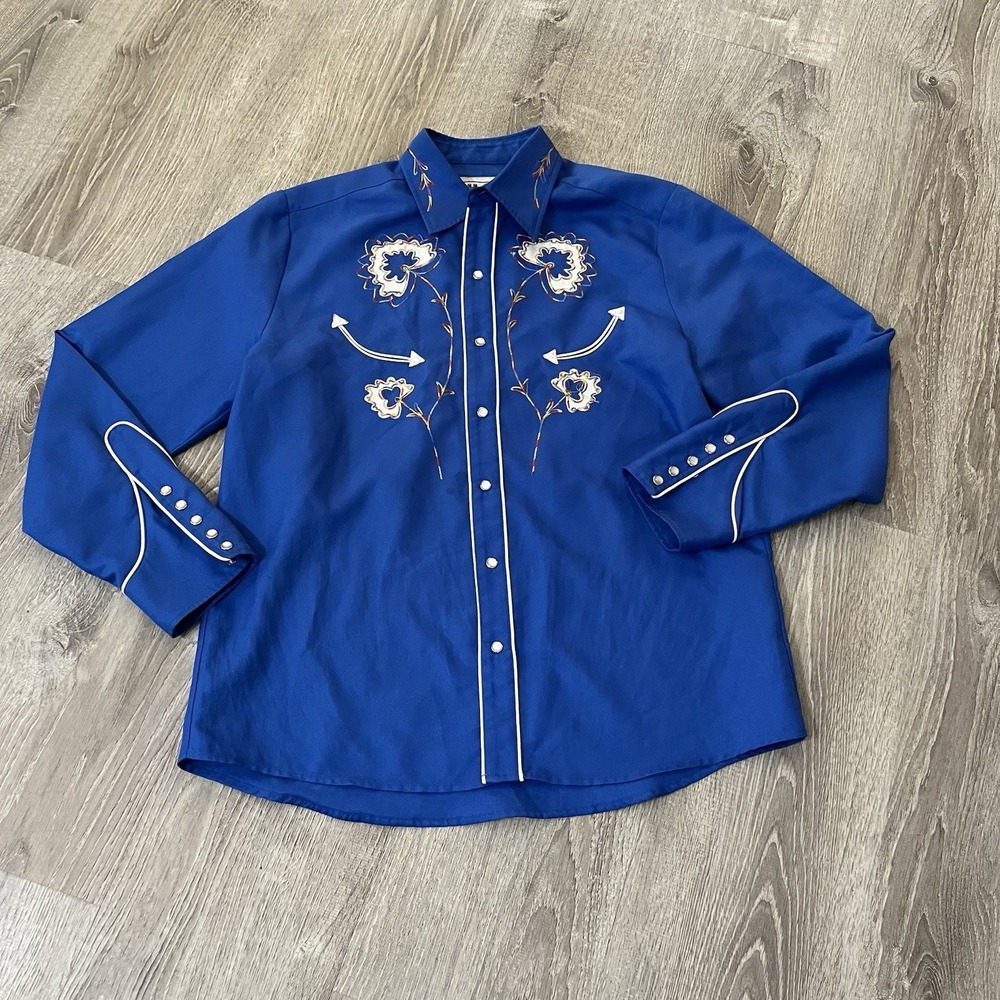 H Bar C Pearl Snap Shirt Men Size XL Blue Embroidered Floral VTG USA
